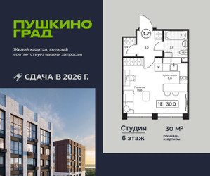 Планировка студии(квартира) площадью 30 квадратных метров в ЖК “ЖК Пушкино Град”