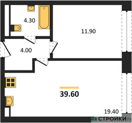 Планировка однокомнатной(квартира) площадью 39.6 квадратных метров в ЖК “ЖК МАРК”