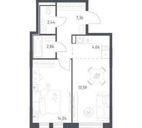 Планировка однокомнатной(квартира) площадью 44.95 квадратных метров в ЖК “ЖК Остафьево”