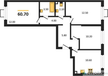Планировка трехкомнатной(квартира) площадью 60.7 квадратных метров в ЖК “ЖК Лучи-2”