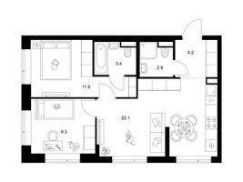 Планировка двухкомнатной(квартира) площадью 53.8 квадратных метров в “Бунинская набережная”