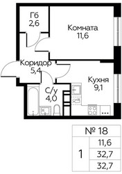 Планировка однокомнатной(квартира) площадью 32.7 квадратных метров в ЖК “ЖК Цветочные Поляны Сити”