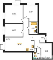 Планировка трехкомнатной(квартира) площадью 86.37 квадратных метров в “ЖК Алхимово”