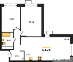 Планировка двухкомнатной(квартира) площадью 63.5 квадратных метров в “ЖК Новоград Павлино”
