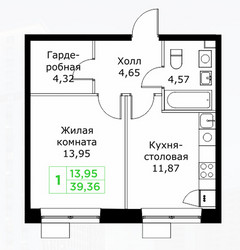 Планировка однокомнатной(квартира) площадью 39.36 квадратных метров в ЖК “ЖК КИТ 2”