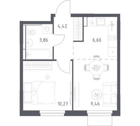 Планировка однокомнатной(квартира) площадью 34.61 квадратных метров в ЖК “ЖК Мытищи Парк”
