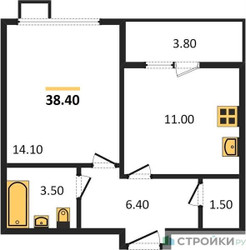 Планировка однокомнатной(квартира) площадью 38.4 квадратных метров в ЖК “ЖК Первый Лермонтовский”