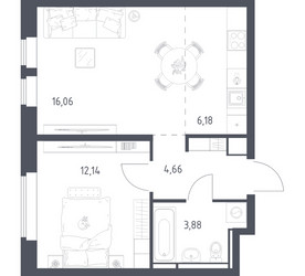 Планировка однокомнатной(квартира) площадью 42.92 квадратных метров в ЖК “ЖК Большое Путилково”