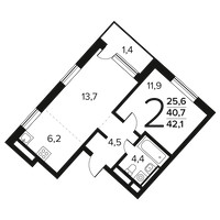 Планировка двухкомнатной(квартира) площадью 42.1 квадратных метров в “Новые Ватутинки. Заречный”