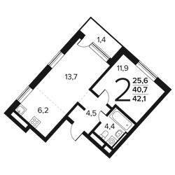 Планировка двухкомнатной(квартира) площадью 42.1 квадратных метров в ЖК “Новые Ватутинки. Заречный”