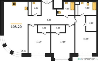 Планировка трехкомнатной(квартира) площадью 108.2 квадратных метров в “ЖК Большая Татарская 35”