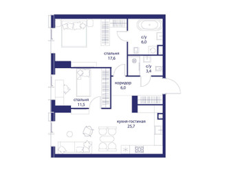 Планировка двухкомнатной(квартира) площадью 70.2 квадратных метров в ЖК “ЖК Событие”