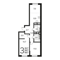 Планировка трехкомнатной(квартира) площадью 59.7 квадратных метров в “Новые Ватутинки. Заречный”