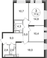 Планировка трехкомнатной(квартира) площадью 77.6 квадратных метров в “ЖК Первый Московский”