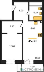 Планировка однокомнатной(квартира) площадью 45.3 квадратных метров в ЖК “ЖК Союзный”