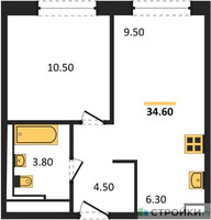 Планировка однокомнатной(квартира) площадью 34.6 квадратных метров в “ЖК Молжаниново”