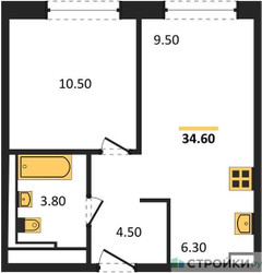 Планировка однокомнатной(квартира) площадью 34.6 квадратных метров в ЖК “ЖК Молжаниново”