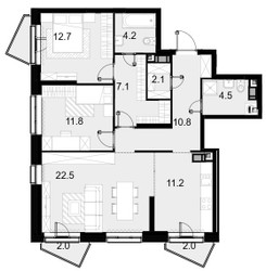 Планировка трехкомнатной(квартира) площадью 89.1 квадратных метров в ЖК “ЖК Crystal Трилогия (Кристал)”