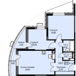 Планировка двухкомнатной(квартира) площадью 62.1 квадратных метров в ЖК “ЖК Соболевка”