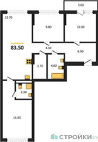 Планировка трехкомнатной(квартира) площадью 83.5 квадратных метров в “ЖК Первый квартал”