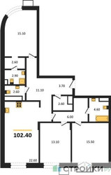 Планировка трехкомнатной(квартира) площадью 102.4 квадратных метров в ЖК “ЖК Резиденции Сколково”