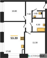 Планировка двухкомнатной(квартира) площадью 53.2 квадратных метров в “ЖК Обручева 30”