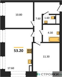 Планировка двухкомнатной(квартира) площадью 53.2 квадратных метров в ЖК “ЖК Обручева 30”