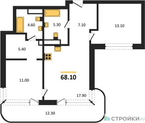 Планировка двухкомнатной(квартира) площадью 68.1 квадратных метров в ЖК “Кутузов Сити”