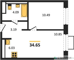 Планировка однокомнатной(квартира) площадью 34.65 квадратных метров в “ЖК Новое Видное”