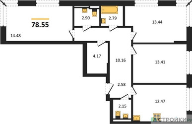 Планировка трехкомнатной(квартира) площадью 78.55 квадратных метров в “ЖК Новое Внуково”