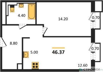 Планировка однокомнатной(квартира) площадью 46.37 квадратных метров в ЖК “ЖК Sky Sputnik (Скай Спутник)”