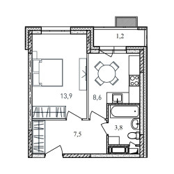 Планировка однокомнатной(квартира) площадью 35 квадратных метров в ЖК “ЖК Квартал Светлый”