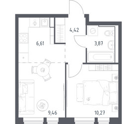 Планировка однокомнатной(квартира) площадью 34.63 квадратных метров в ЖК “ЖК Квартал Авиаторов”