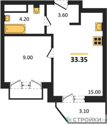 Планировка однокомнатной(квартира) площадью 33.35 квадратных метров в ЖК “ЖК ВОСТОК II”