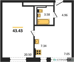 Планировка однокомнатной(квартира) площадью 43.43 квадратных метров в “ЖК Рублевский Квартал”