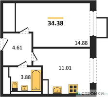 Планировка однокомнатной(квартира) площадью 34.38 квадратных метров в “ЖК Пятницкие луга”
