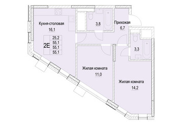 Планировка двухкомнатной(квартира) площадью 55.1 квадратных метров в ЖК “ЖК Отрадный”