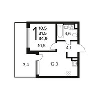 Планировка однокомнатной(квартира) площадью 34.9 квадратных метров в “Новые Ватутинки. Заречный”