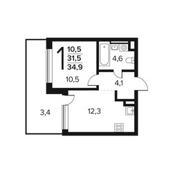 Планировка однокомнатной(квартира) площадью 34.9 квадратных метров в ЖК “Новые Ватутинки. Заречный”