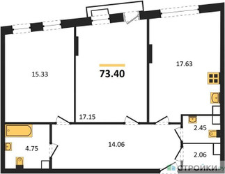 Планировка двухкомнатной(квартира) площадью 73.4 квадратных метров в ЖК “ЖК Эльйон”