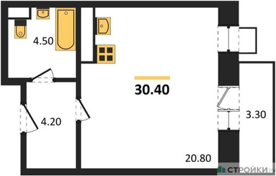 Планировка студии(квартира) площадью 29 квадратных метров в ЖК “ЖК Идеал”