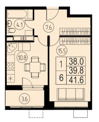Планировка однокомнатной(квартира) площадью 39.9 квадратных метров в ЖК “ЖК Ривер-Парк”