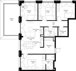 Планировка 4+ комнатной(квартира) площадью 103.57 квадратных метров в ЖК “ЖК Сити Бэй”