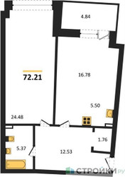 Планировка однокомнатной(апартаменты) площадью 72.21 квадратных метров в ЖК “ЖК Маршал”