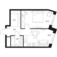 Планировка однокомнатной(квартира) площадью 44.1 квадратных метров в “ЖК NEXUS by Akvilon (Нексус от Аквилон)”