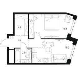 Планировка однокомнатной(квартира) площадью 44.1 квадратных метров в ЖК “ЖК NEXUS by Akvilon (Нексус от Аквилон)”
