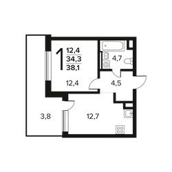 Планировка однокомнатной(квартира) площадью 38.1 квадратных метров в ЖК “Новые Ватутинки. Заречный”