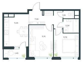 Планировка двухкомнатной(квартира) площадью 46.77 квадратных метров в ЖК “ЖК Город в лесу (Микрогород В лесу)”