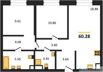 Планировка двухкомнатной(квартира) площадью 60.28 квадратных метров в ЖК “ЖК UltimaСity (УльтимаСити)”