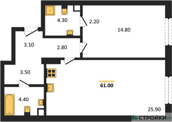 Планировка однокомнатной(квартира) площадью 61 квадратных метров в ЖК “ЖК Крылатская 33”